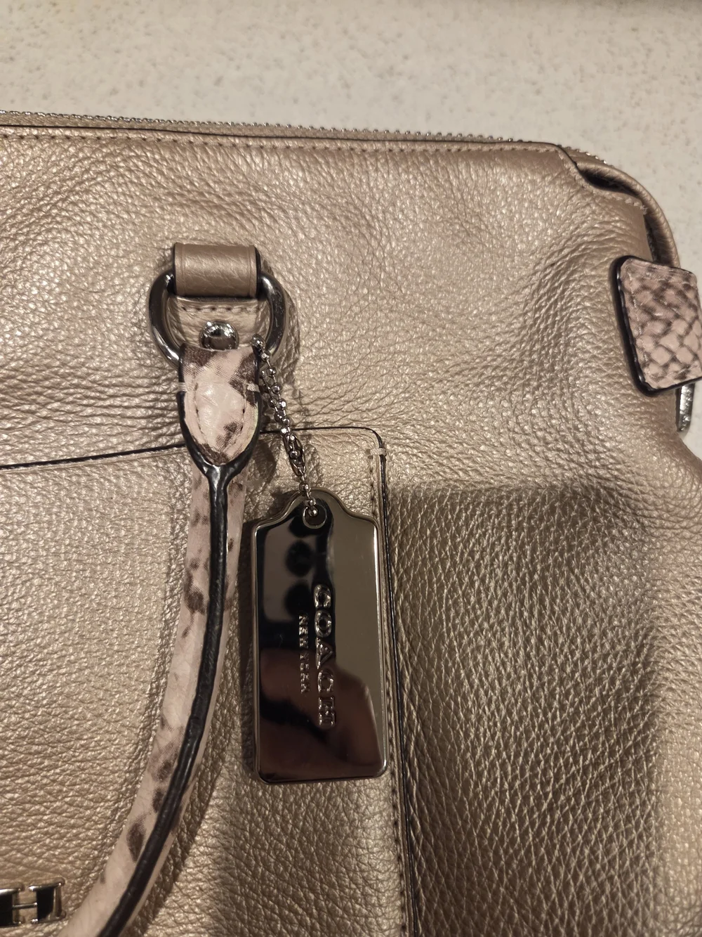 Coach Metallic Taupe Pebbled Leather Satchel with Snakeskin-Patterned Handles